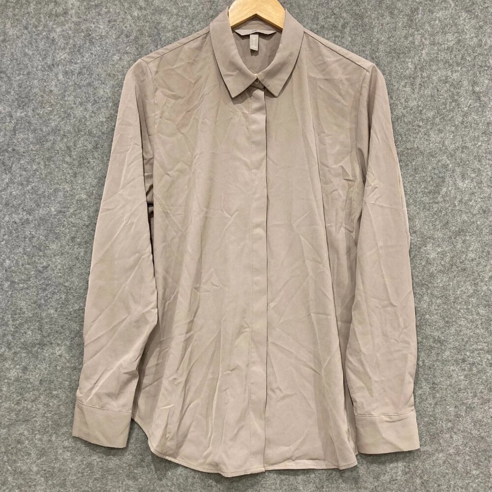 H&M Blouse Womens Size 14 Khaki Green Long Sleeve Button Up Business Shirt